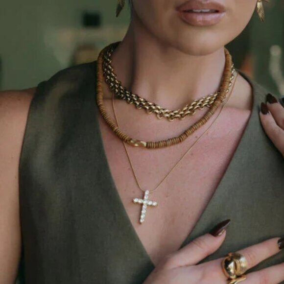 Gold Cross Necklace Waterproof CZ Diamond Pendant  Dainty Snake Chain WATERPROOF - Picture 2 of 14